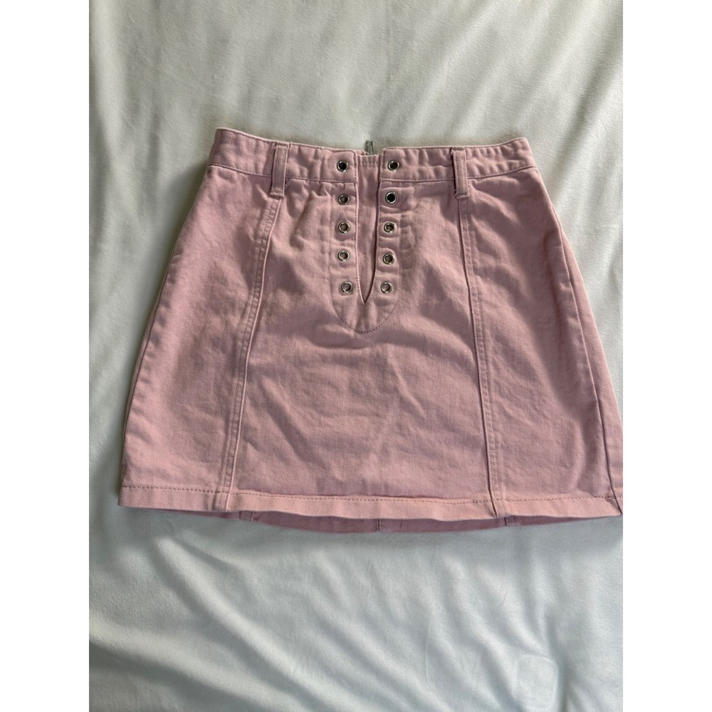 Forever 21 Pink Denim Mini Skirt Grommet Lace Up Back Zip Small